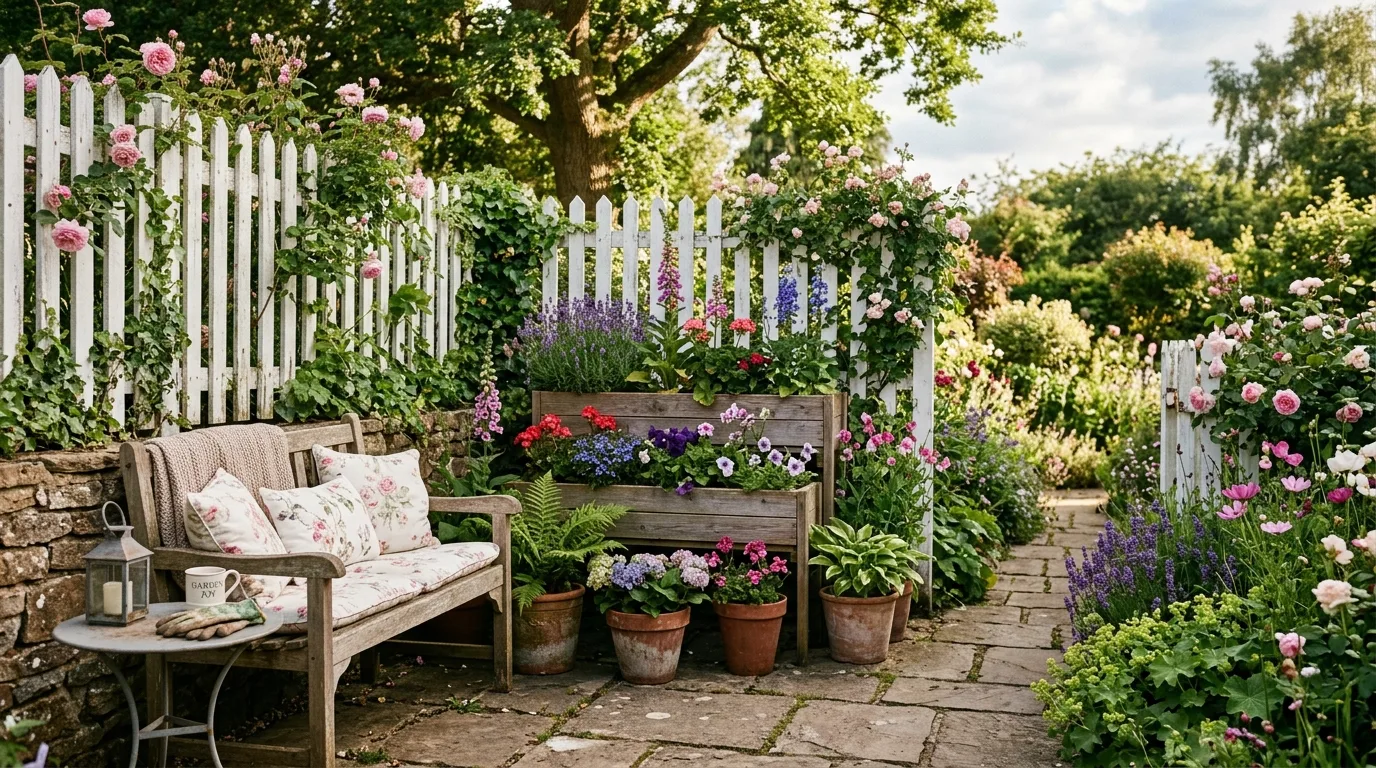 Cozy Garden Corner With White Picket Fence